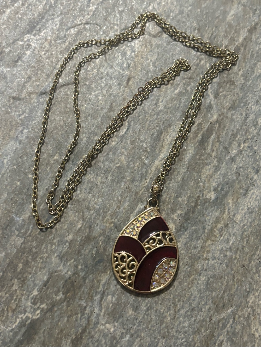 Gold-Tone Teardrop Necklace with Maroon Enamel and Crystal Accents